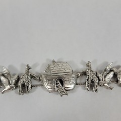 Vintage Pewter Noah’s Ark Animal Silver Tone 7.6″ Slide Clasp Bracelet