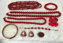 Vintage Lot 10 Red Costume Jewelry Necklaces Bracelets Brooch Earrings Fun Boho