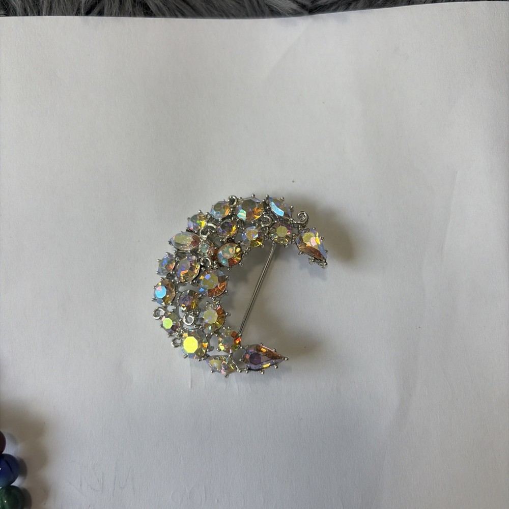 Vintage KARU Arke Blue AB Rhinestone Crescent Moon Brooch Silver Tone Excellent