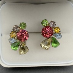 Vintage Multicolor Fruit Salad Rhinestone Cluster Gold Tone Screwback Earrings