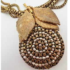 Rare Miriam Haskell Signed 5 Strand Necklace Wired Faux Pearl Leaf Pendant VTG