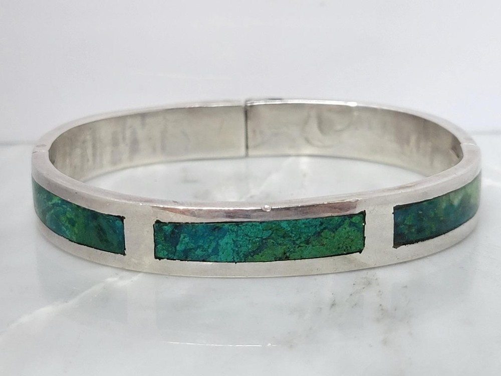 Taxco Sterling Silver Turquoise Hinged Bangle Bracelet ~ 41.4g ~ 4-A272