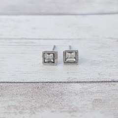 Vintage Stud Earrings Small & Dainty Square Shape with Clear Gem