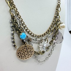 VTG Multi Strand Charm Necklace Bronze & Silver Tone Layered Boho Crystal Retro