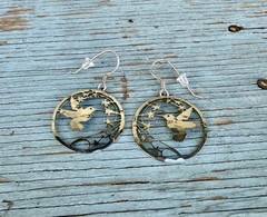 Vintage Signed Wild Bryde Silver Tone Hummingbird Cut Out Design Dangle Earrings