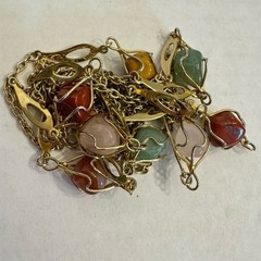Vintage Gold Tone Wire Caged Gemstone Station Necklace 50″ Long MCM Jewelry