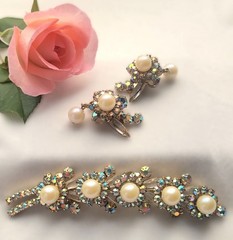 Juliana D&E Faux Pearl Bead AB Rhinestone Brooch Earring Book Piece Vtg Heirloom