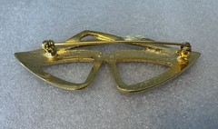 Vtg 3” Brooch Cat Eye Glasses Black Gold Enamel Rhinestone Pin Rockabilly Retro