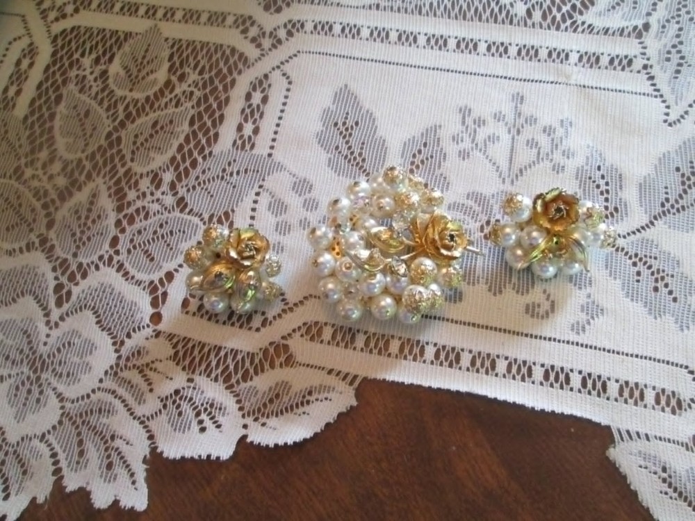 Vintage Cluster Bead Brooch & Earrings set, Faux Pearls, Rhinestones & Gold Rose