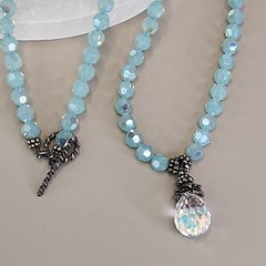 Glass Beaded Necklace Blue Opalite Crystal Teardrop Dangle Sterling Silver 16″