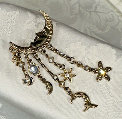 Gold Tone Crescent Moon With Dangling Stars, Cupid, Moon, Rhinestones Brooch