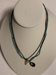 Vintage Mixed Media-Wood-Leather-Beads-Chain-Shell-Carved MOP Leaf-Necklace 15″