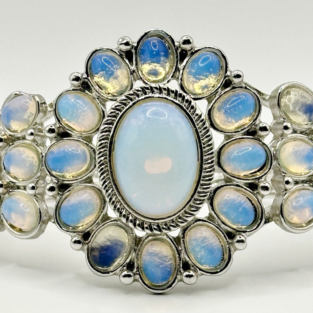 Vintage Opalite Glass Cabochon Clamper Bracelet Chunky Silver Tone Statement 7”