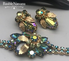 VTG Juliana AB Iridescent Peacock Blue&Green Gold Leaves Bracelet&Earrings Set