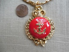 Vintage NOS Quality Nautical red enamel gt Anchor Crown necklace earring set D62