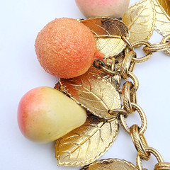 RARE! Napier Fruit Salad Charm Bracelet & Earrings, Peach, Nectarine, Pear Lemon