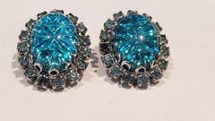Vintage Earrings Big Molded Glass Cabochon & Rhinestone Judy Lee 1950s Sparkle