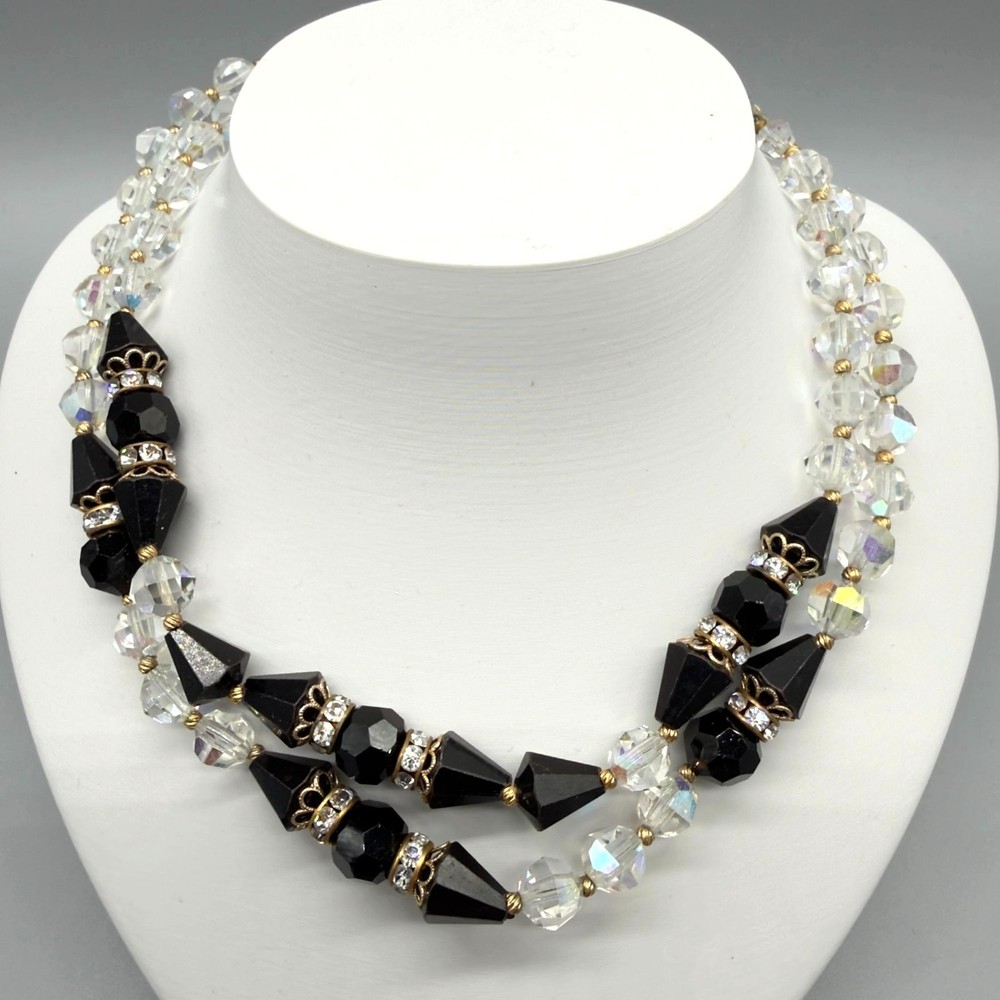 Vintage Black Clear Crystal Beaded Necklace Rhinestone Clasp 15″