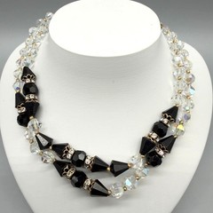 Vintage Black Clear Crystal Beaded Necklace Rhinestone Clasp 15″