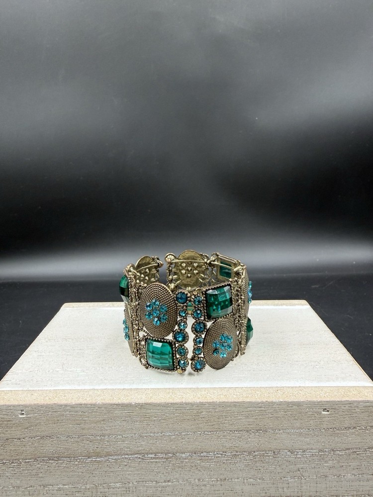 Vintage Metal Cuff Bracelet With Green And Turquoise Colored Stones Open Slide