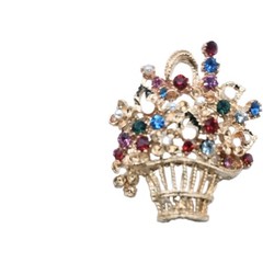 Vintage Gold Tone Flower Basket Brooch Multicolor Rhinestone Faux Pearl Pin