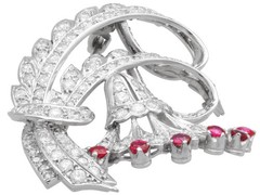 Vintage 4.65Ct Diamond and 0.24Ct Ruby Platinum Floral Brooch Circa 1950