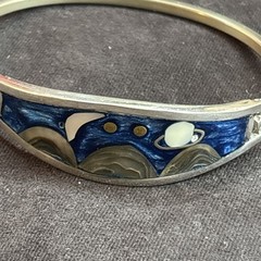 Vintage Alpaca Mexico Hinged Bracelet Celestial & Mountains Abalone, MOP 7”