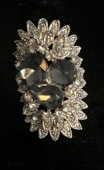 SILVER TONE W 3 AMETHYSTS STONES OVAL PEAR ROUND +RHINESTONES ADJUSTABLE Sz 6.75