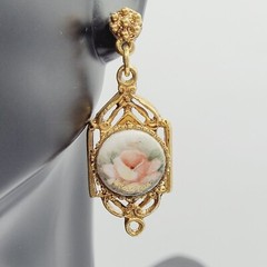 Art Deco Hand Painted Signed Rose Gold Tone Victorian Frame MCM Pierced Earrings