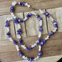 Vintage Hobe Rose Quartz Amethyst Nugget Necklace 28 Inch Gold Tone Bead Spacers