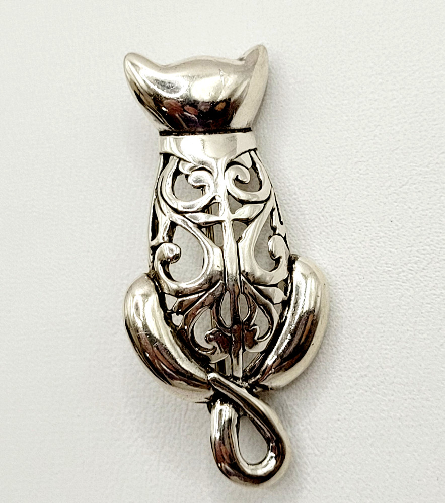 Cat Kitty Kitten Open Filigree Sterling Silver 925 Jezlaine Vintage Brooch Pin
