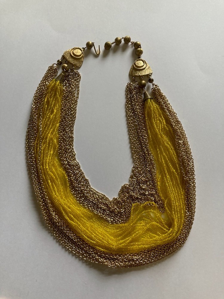 Vintage multi-strand beaded yellow and gold collar necklace