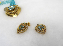 Vintage Earrings, Bracelet & Necklace Set signed Anthony Blue Beads, Large Heart
