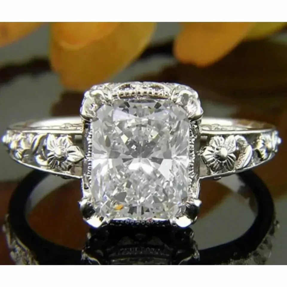 3.00Ct Emerald Cut Lab-Created Diamond Antique Style Floral Engraved Ring Silver
