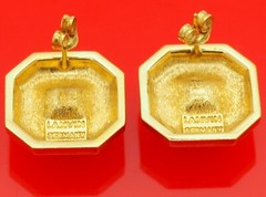 Vintage Lanvin Germany Octagonal Gold Plate w/ Hematite Pierced Earrings Rare