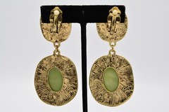 Vintage Cabochon Clip Earrings Antiqued Gold Burnt Rust Green Chunky 80s BinA13