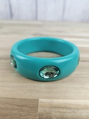Vintage 1990s Bluegreen Teal Plastic Bangle Bracelet with Faceted Stone Inlays