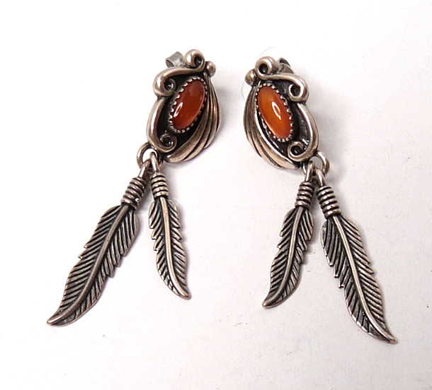 VTG INDIAN NAVAJO WM 925 STERLING SILVER AMBER FEATHER DANGLE EARRINGS 2 1/2″