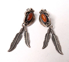 VTG INDIAN NAVAJO WM 925 STERLING SILVER AMBER FEATHER DANGLE EARRINGS 2 1/2″