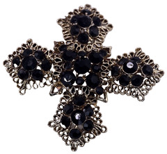 Unsigned Lisner Maltese Cross Brooch Pin Jet Rhinestone Antiqued Gold Tone
