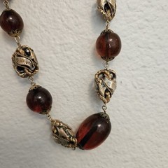 LOUIS ROUSSELET Necklace Amber Glass Beads & Brass 15″ Made In France Vintage
