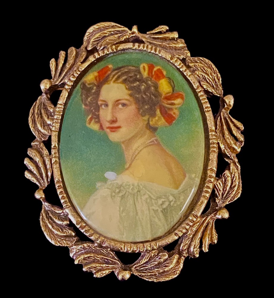 Vintage Hand Painted Porcelain Cameo Brooch Portrait Of Auguste Strobel 1891