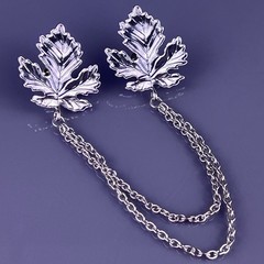 Large Maple Leaf Collar Double Chain Shirt Sweater Blouse Silver Tone 5″ Long