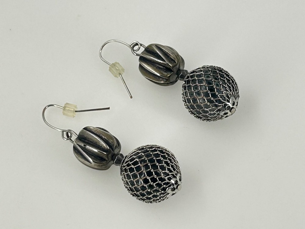 Vintage Silver Mesh Drop Earrings 2 Inch Dangle Unique Design