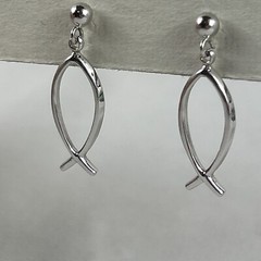 Christian Jesus Fish Dangling Earrings For Pierced Ears Sterling Silver 1” Theda