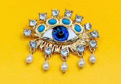 Gold Tone Faux Pearls & Rhinestones Acrylic Eye Brooch Contemporary