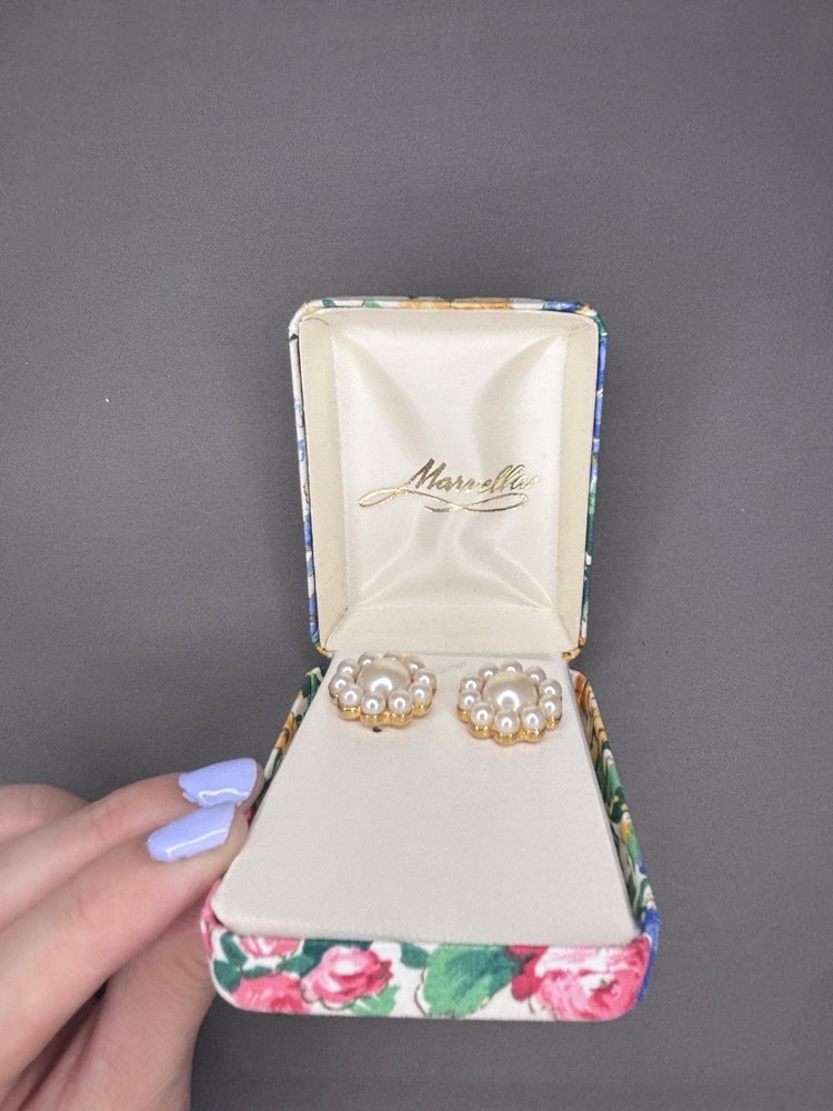 Vintage Marvella Faux Pearl Cluster Earrings with Original Presentation Box