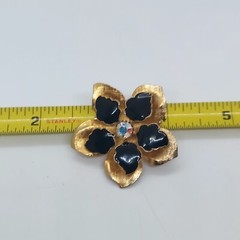 Vintage Gold Tone Black Enamel Flower Brooch With Aurora Borealis Rhinestone