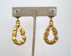 Textured Brutalist Dangle Drop Hoop Earrings Gold Tone Stud 2″