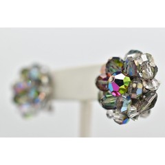 Laguna Vintage Clip On Crystal Earrings Gray Chrome AB Cluster Signed 1950s 9C